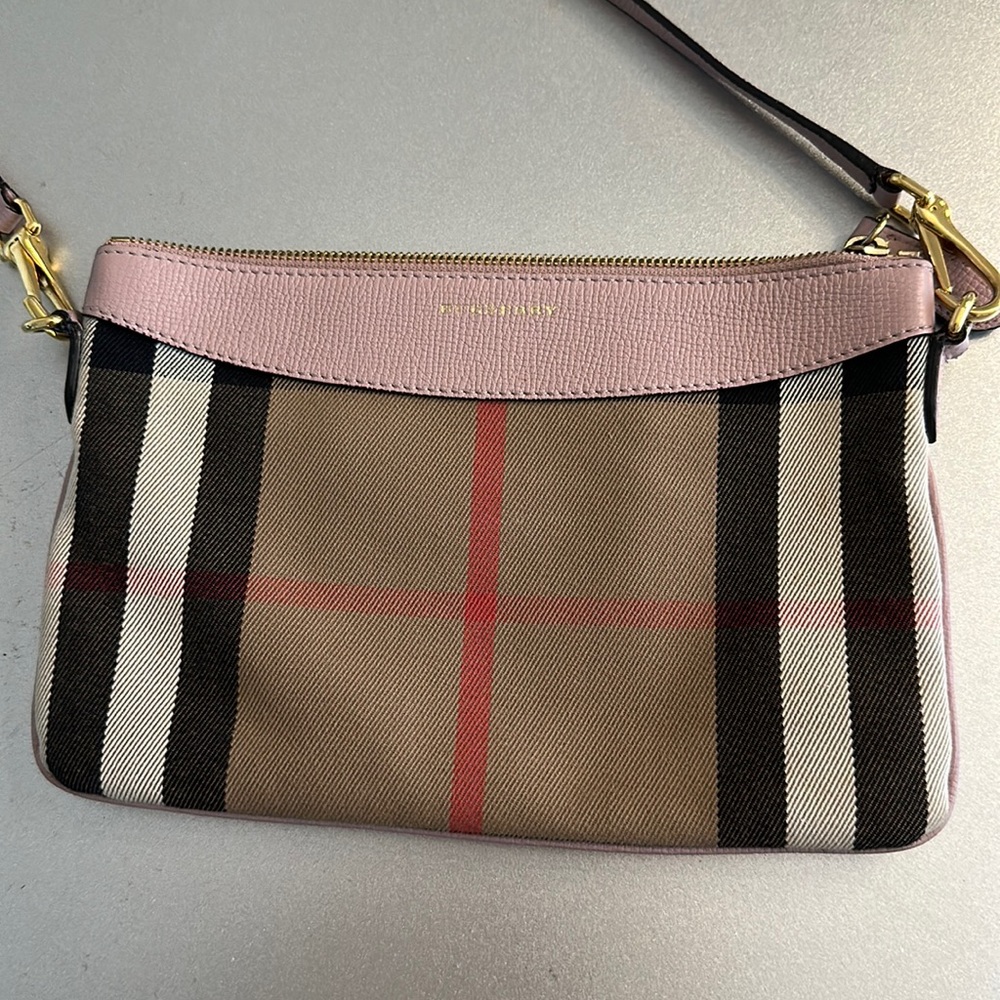 Burberry Pink/Beige House Check Canvas and Leather Peyton Crossbody Bag